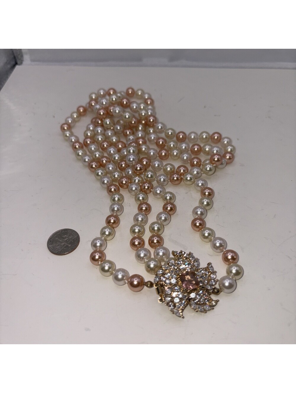 White & Pink Faux Pearl Bead w Goldtone Rose Clasp or Pendant Necklace & Braclet